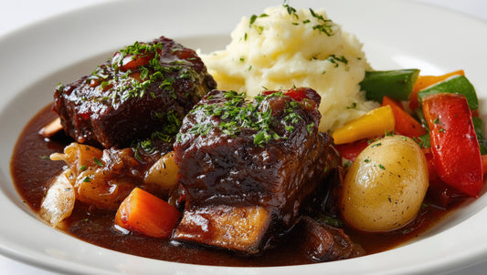 Braised Short Ribs with Whipped Potatoes and Assorted Vegetables